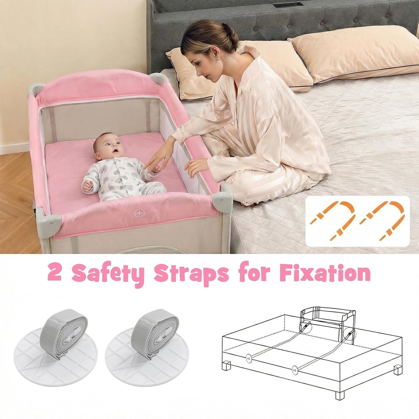 BABY JOY 5-in-1 Pack and Play, Portable Baby Bedside Sleeper with Bassinet, U-Shaped Diaper Changer, Safety Strap, Side Zipper Entrance, Hangings, Bedside Crib Playard from Newborn to Toddlers (Gray)