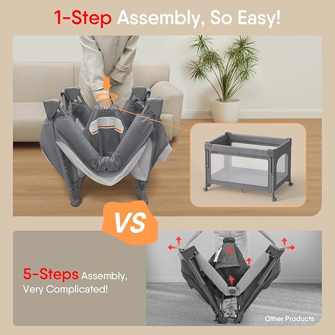 TinyGlow 4 in 1 Baby Bassinet, Pack and Play, Bedside Crib Sleeper, Diaper Changer, Quickly Assembled and Folded Portable Crib with Mattress and Mosquito Net, Easy to Carry