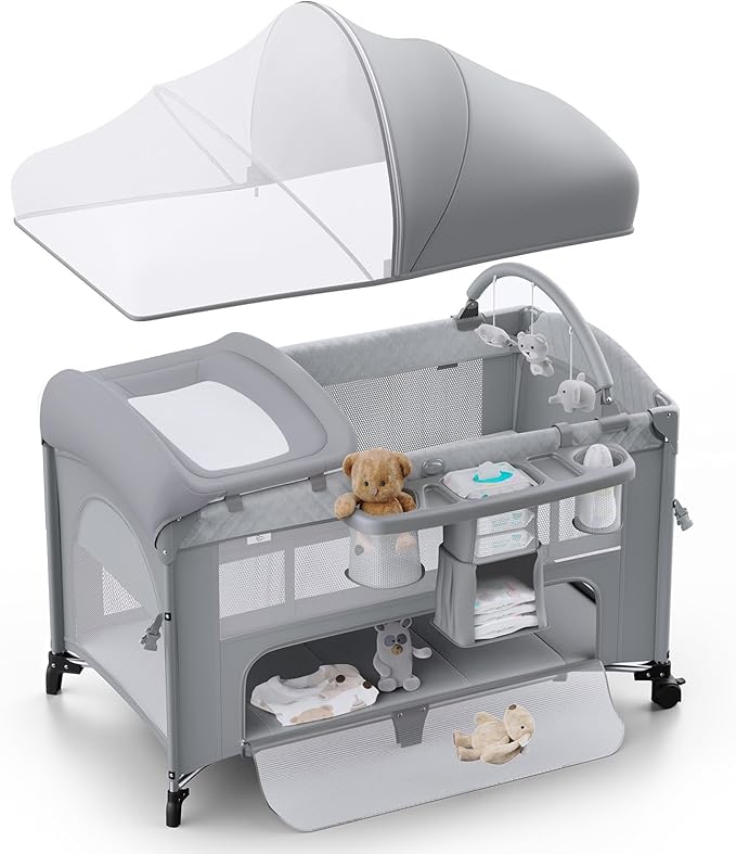 Obee Odee 4 in 1 Baby Bassinet, Pack and Play, Bedside Crib Sleeper, Diaper Changer - Comes with Mattress, Mosquito Net，Bottom Storage and Toy Bar for Newborn to Toddles