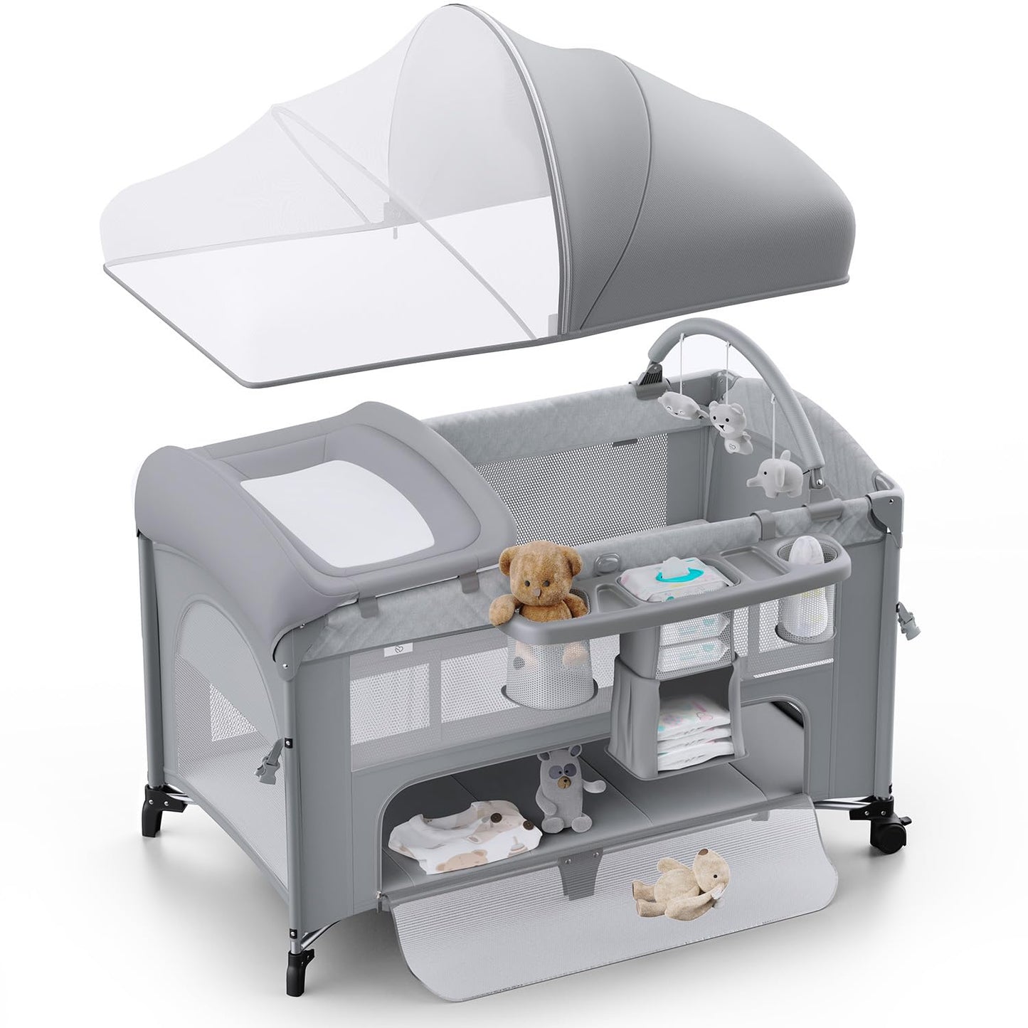 Obee Odee 4 in 1 Baby Bassinet, Pack and Play, Bedside Crib Sleeper, Diaper Changer - Comes with Mattress, Mosquito Net, Bottom Storage and Toy Bar for Newborn to Toddles