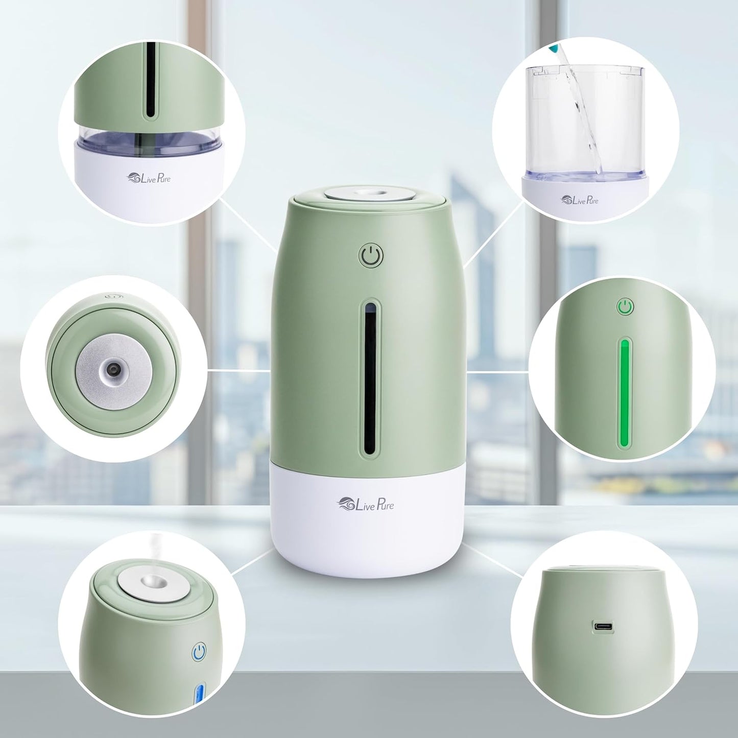 LivePure Cool Mist Humidifiers for Bedroom. Small Humidifier for Babies, Nursery, Plants, Office. Ultrasonic Cool Mist Humidifier w/Quiet Operation, USB-C Rechargeable. Rose Quartz