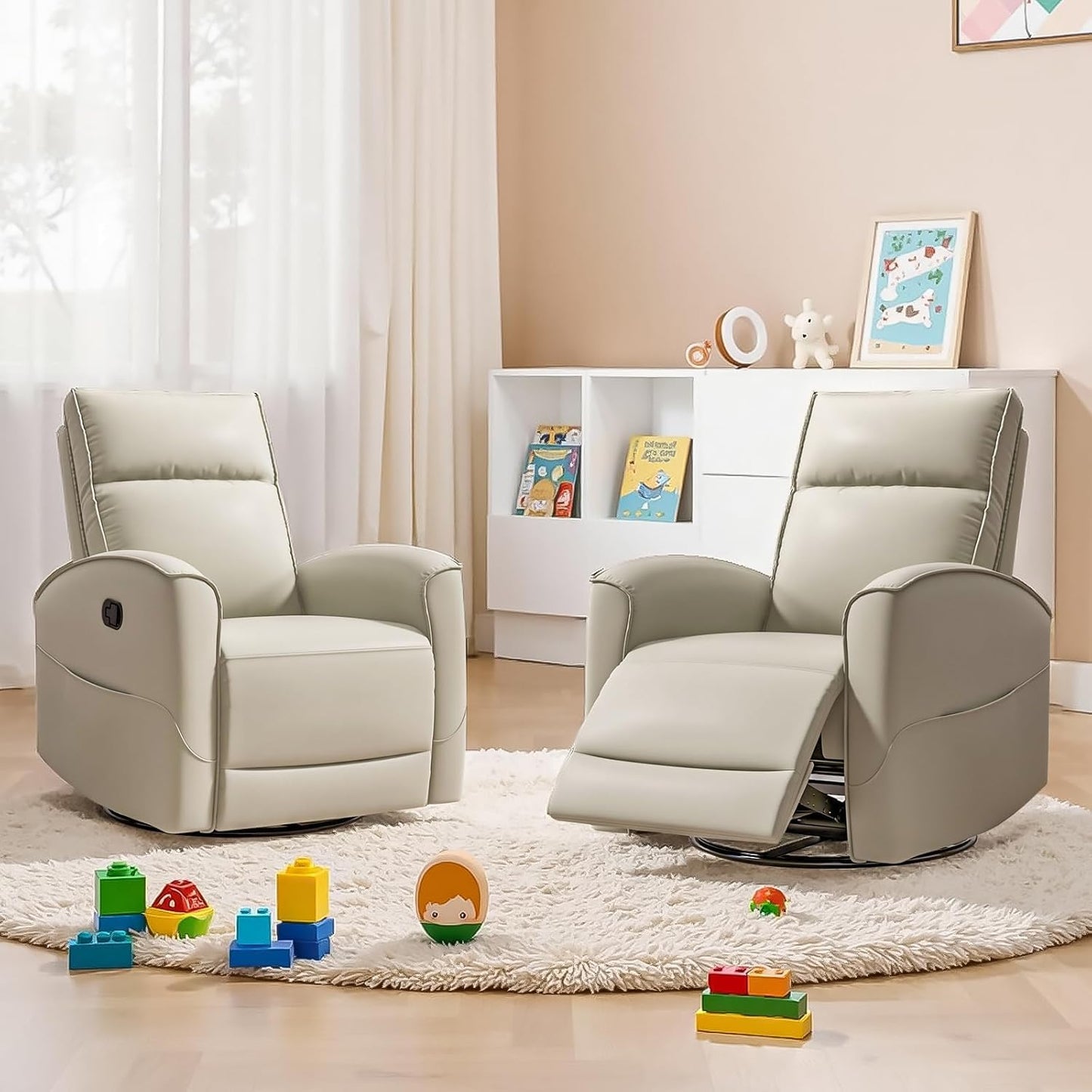 HAOMARKETS Electric Swivel Rocker Recliner Chair, Power Faux Leather Glider Rocking Recliners for Adults,360° Swivel Nursery Reclining Sofa with USB Charging Port, White