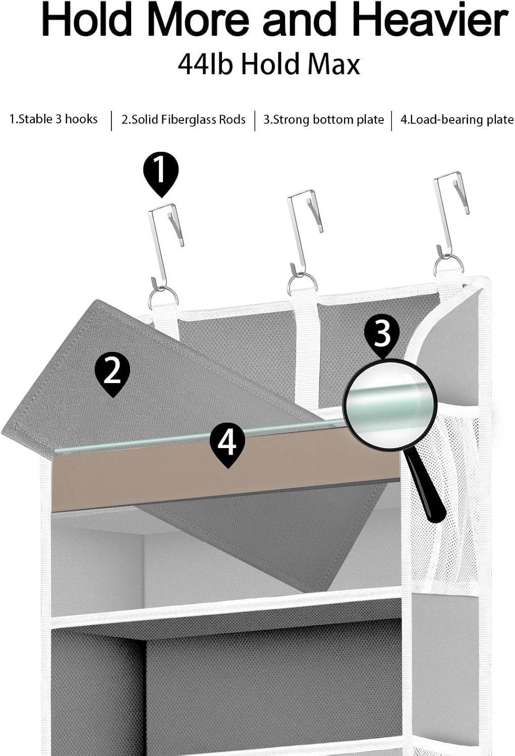 TAHAVICE 1 Pack Over The Door Organizer Storage, Hanging Organizer Closet with 5 Large Pockets 10 Mesh Pockets, 44 lbs Weight Capacity, Behind Door Storage for Nursery Bedroom Bathroom (Dark Grey)