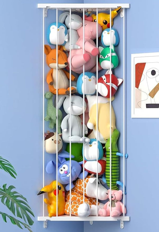 Corner Stuffed Animal Storage for Kids Room - Length Adjustable Wall Stuffed Animal Organizer - Plush Toy Holder Shelf for Nursery Playroom Bedroom (White)