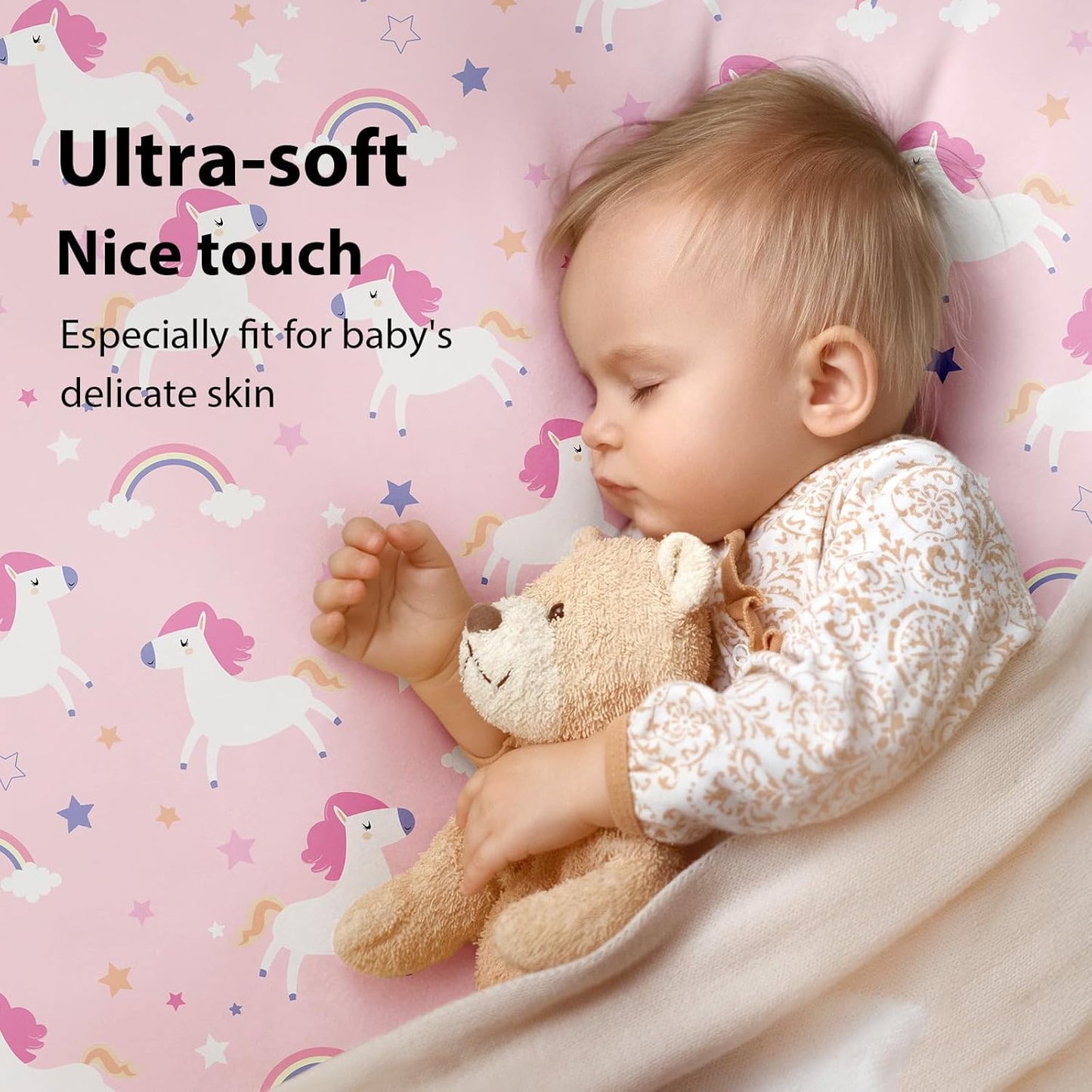 Baby Mini Crib Sheets Girl, Portable 38”x26” Pack and Play Sheets Fitted for Playard and Pack N Play Mattress, 3-Pack Soft Microfiber Pink Rainbow