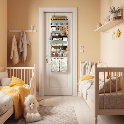 Door Hanging Storage Organizer,with 3 Bins 1 Movable Baby Diaper Caddy,1 Large capacity diaper stacking storage Organizer,10 Side Pockets ,Bedroom Door Storage for Nursery Baby Essentials. (Dark grey)