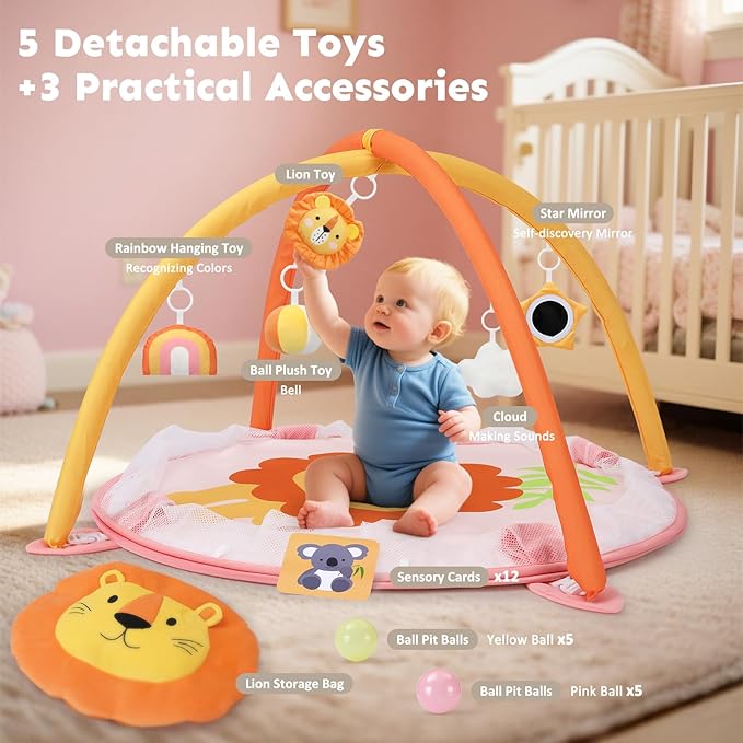 7-in-1 XL Large Baby Play Gym Mat, Tummy Time Mat, Baby Gym & Ball Pit, Baby Activity Mat with Milestone Cards & 6 Detachable Toys for Sensory Motor Skill, Lion