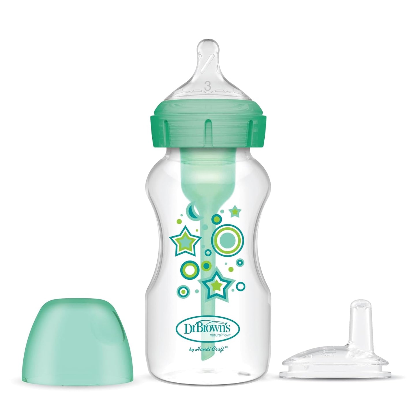 Dr. Brown's Anti-Colic Options+ Wide-Neck Sippy Bottle Starter Kit, 9oz/270mL, with Level 3 Medium-Fast Flow Nipple and Soft 100% Silicone Sippy Spout, Green, BPA-Free, 6m+, 2-Pack