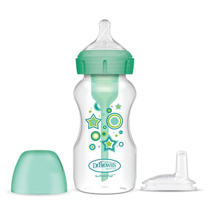 Dr. Brown's Anti-Colic Options+ Wide-Neck Sippy Bottle Starter Kit, 9oz/270mL, with Level 3 Medium-Fast Flow Nipple and Soft 100% Silicone Sippy Spout, Green, BPA-Free, 6m+, 2-Pack