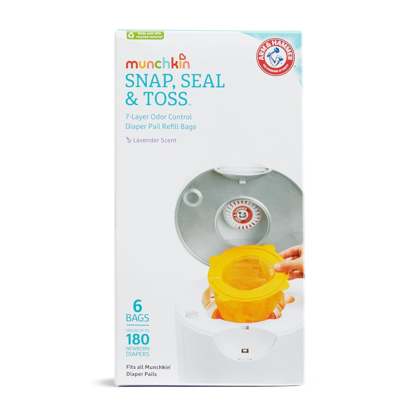 Munchkin® Arm & Hammer Diaper Pail Snap, Seal & Toss™ Refill Bags, Holds up to 600 Newborn Diapers, 20 Pack