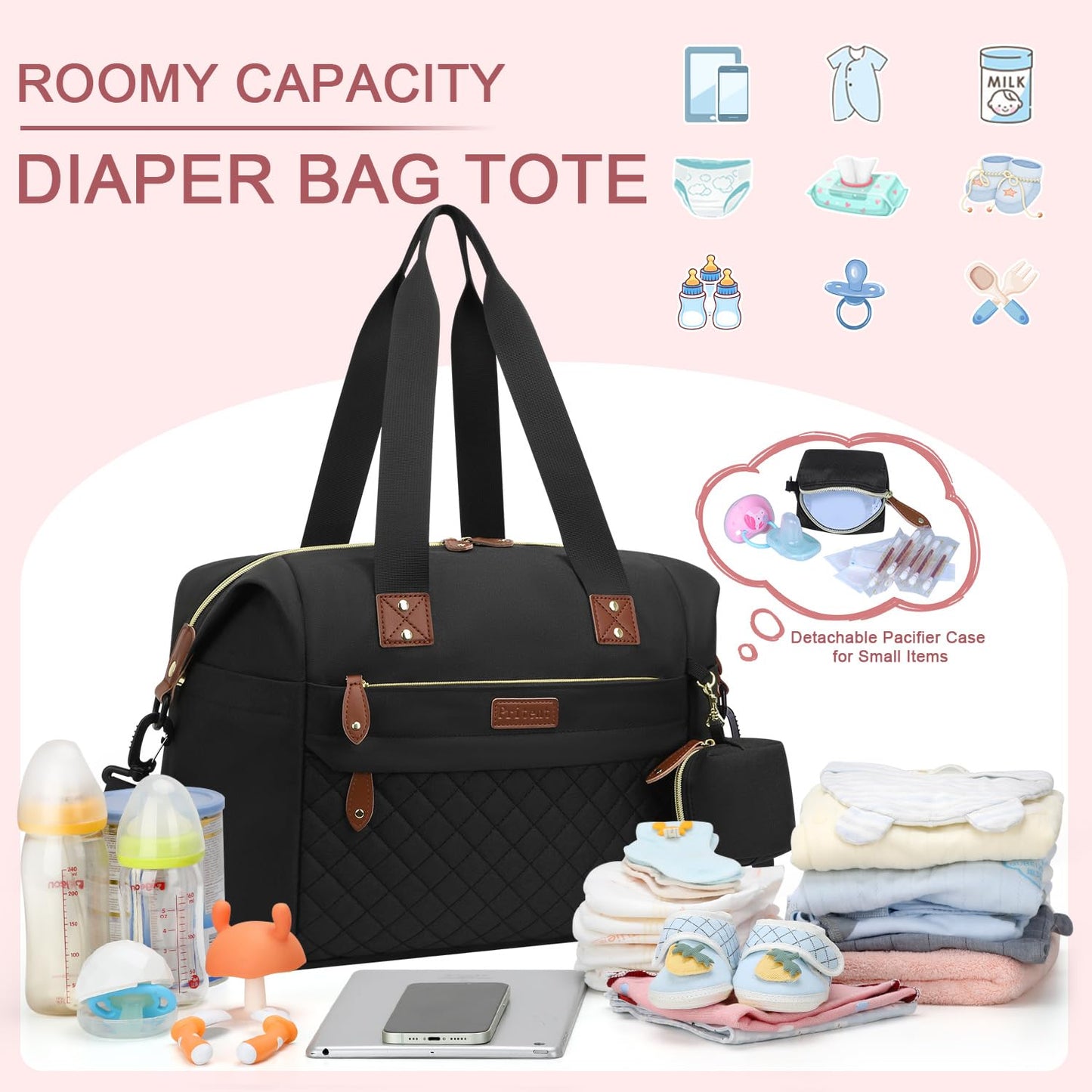 Pritent Diaper Bag Tote - Diaper Baby Bags with Pacifier Case, Shoulder Straps, Stroller Clips, Waterproof Large Mommy Maternity Travel Baby Bag for Mom and Dad, Green, Medium