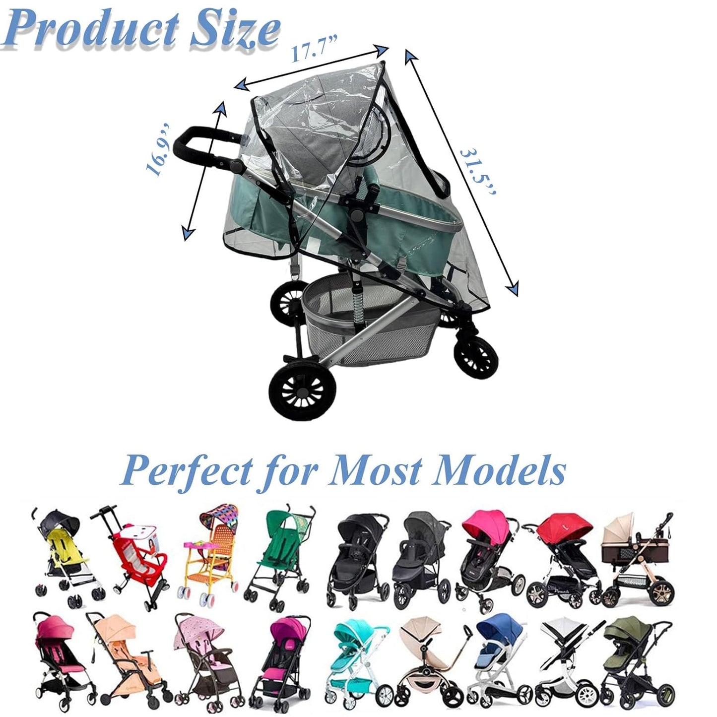 Unisize Pet Stroller Rain Cover - Foldable Clear Protection for Snow, Wind & Rain, Suitable for Most Models
