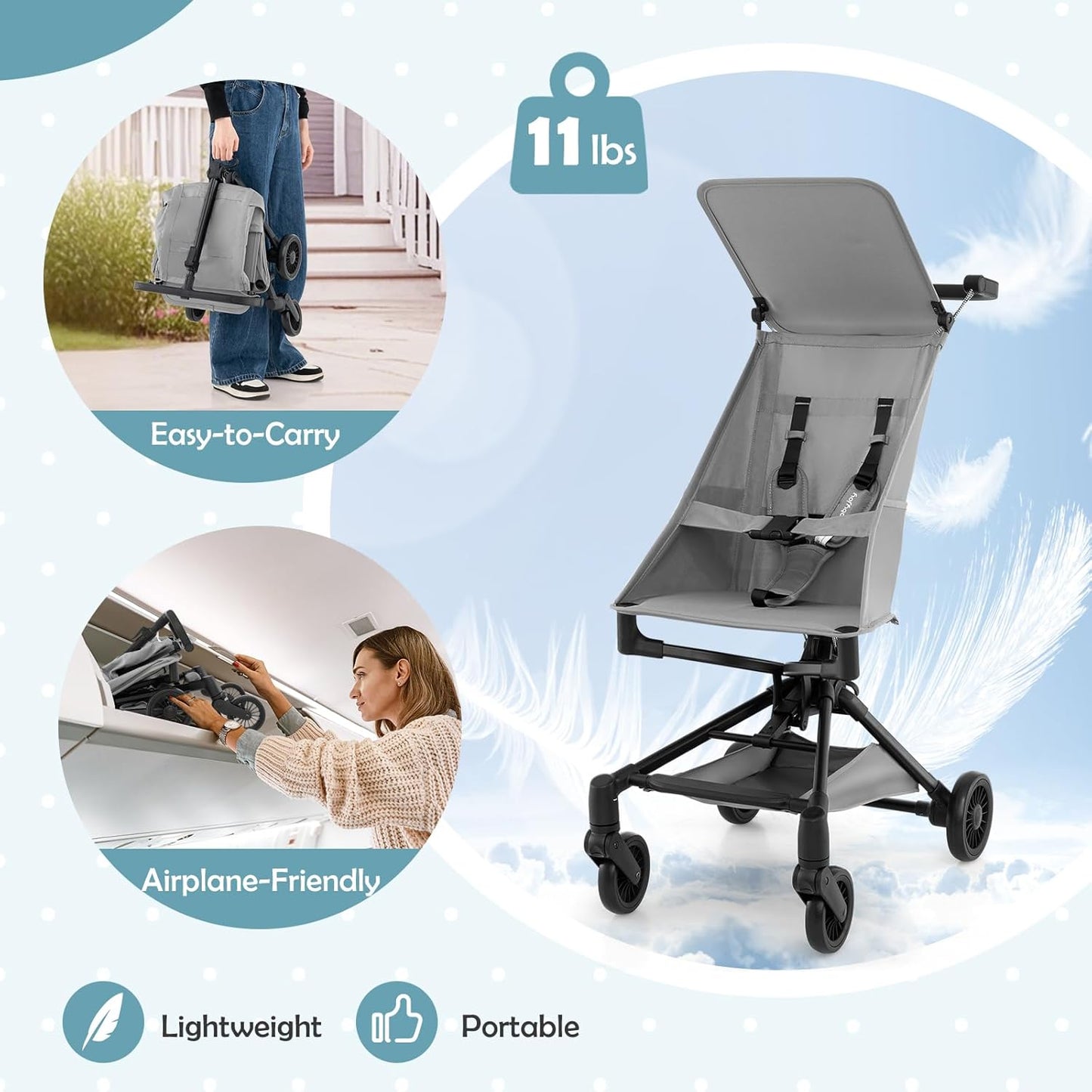 BABY JOY Lightweight Stroller, Compact Travel Stroller for Airplane with Easy One-Hand Fold, Adjustable Canopy, Storage Basket & All-Terrain Wheels for Toddlers 6-36 Months (Black)