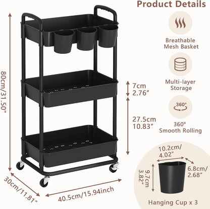 3-Tier Baby Diaper Caddy Organizer Cart with Locking Wheels & Hanging Cups - Rolling Storage Cart for Nursery, Changing Table, Baby Essentials,White