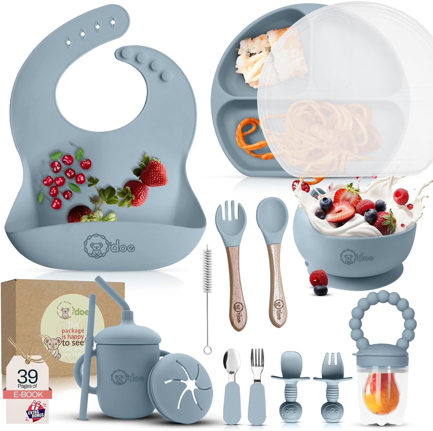 O'doe 17-Piece BPA-Free Silicone Baby Feeding Set | Thick & Soft Suction Plates, Baby Bowls, Wooden Fork & Spoon, and More | Make Mealtime Fun and Easy for Your Little One (Purple, V2)