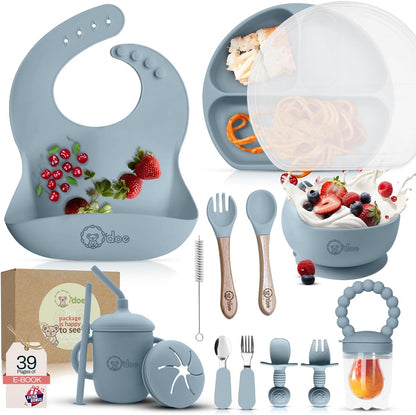 O'doe 17-Piece BPA-Free Silicone Baby Feeding Set | Thick & Soft Suction Plates, Baby Bowls, Wooden Fork & Spoon, and More | Make Mealtime Fun and Easy for Your Little One (Purple, V2)