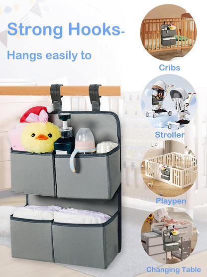 Hanging Diaper Organizer for Crib/Playpen/Bassinet – Hold 80+ Diapers - 4 Deep Pockets-H19in x L15 in Changing Table Diaper Holder - Hanging Diaper Storage Stacker Nursery Caddy - Gray