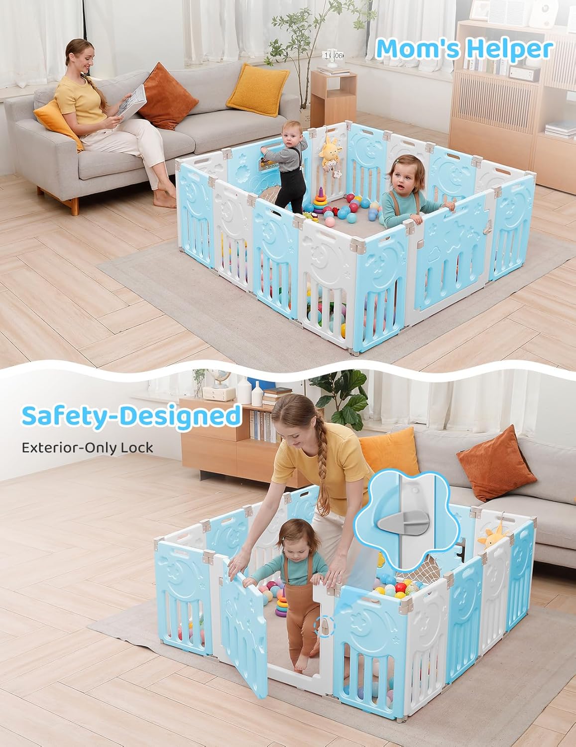 Baby Playpen, Dripex Baby Playard for Babies and Toddlers, 14-Panel Foldable Playpen Adjustable Portable Play Area, Indoor/Outdoor Kids Active Center with Game Panel & Safety Gate, Grey White