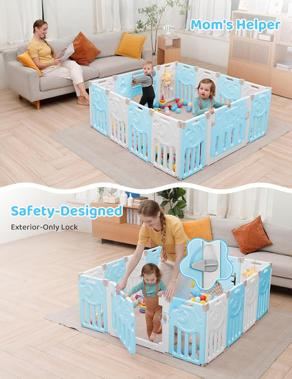 Baby Playpen, Dripex Baby Playard for Babies and Toddlers, 14-Panel Foldable Playpen Adjustable Portable Play Area, Indoor/Outdoor Kids Active Center with Game Panel & Safety Gate, Grey White