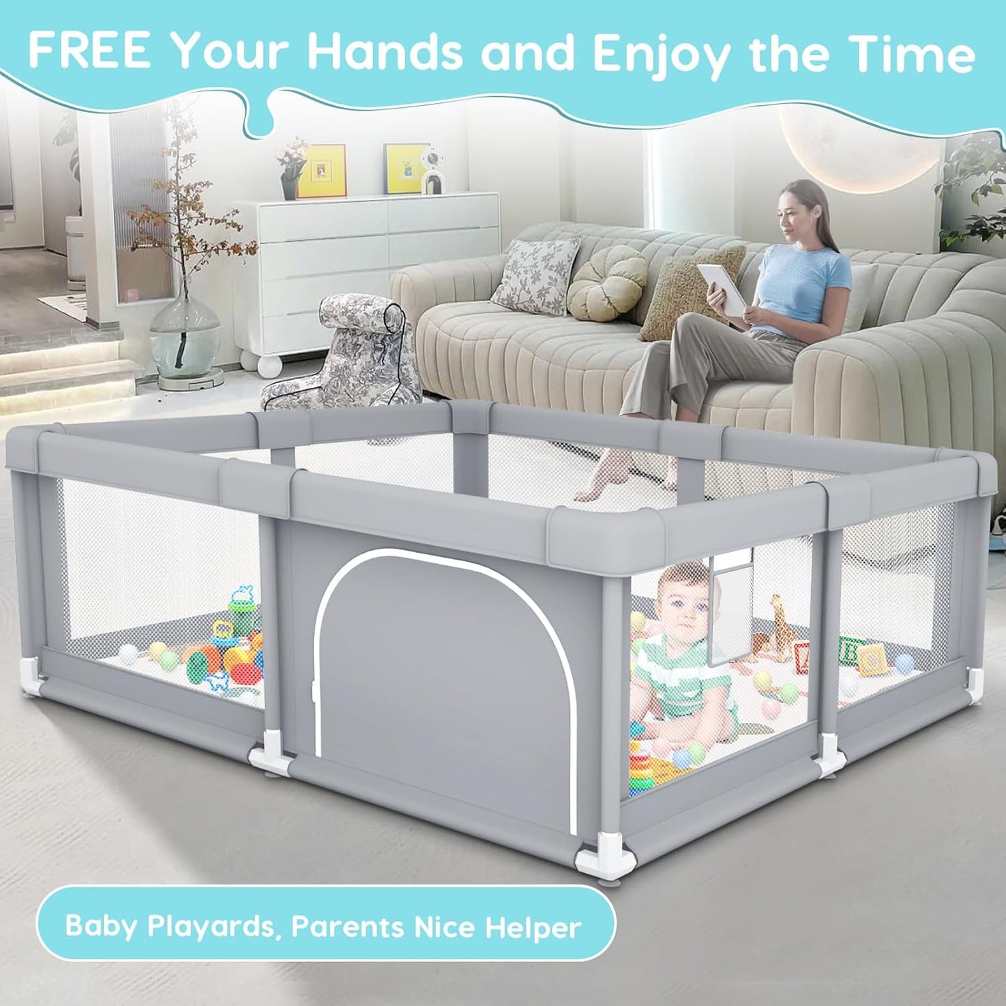 Fshibila 74" ×50" Large Baby Playpen, Baby Playard for Babies and Toddlers, Baby Fence Play Pens for Indoor & Outdoor, Sturdy Safety Play Yard with Soft Breathable Mesh, Anti-Fall, Grey