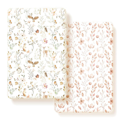 GRSSDER Stretch Ultra Soft Jersey Knit Fitted Pack n Play Playard Sheets Set 2 Pack，Fits Portable/Mini Cribs Sheets, Playards Mattress Pads, Stylish Watercolor Animals for Baby, Mint Green