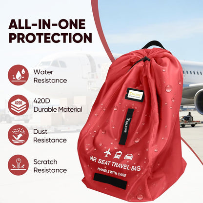 BALEINE Car Seat Travel Bag for Airplane, Water-Resistant Car Seat Bags for Air Travel, Foldable Cover with 3 Handles, Fits Toddler Carseat, Convertible and Booster Seats (Red)