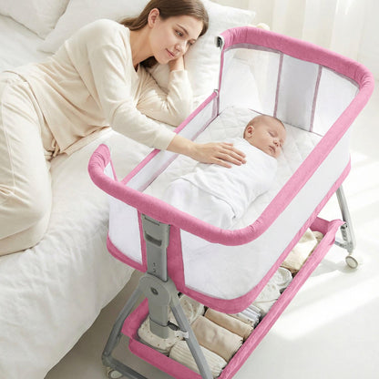 Bedside Bassinet for Baby, Sturdy 3 in 1 Bedside Sleeper with Mattress & Wheels, Height Adjustable, Breathable Mesh, Storage Basket, Easy to Assemble for Newborn, Grey