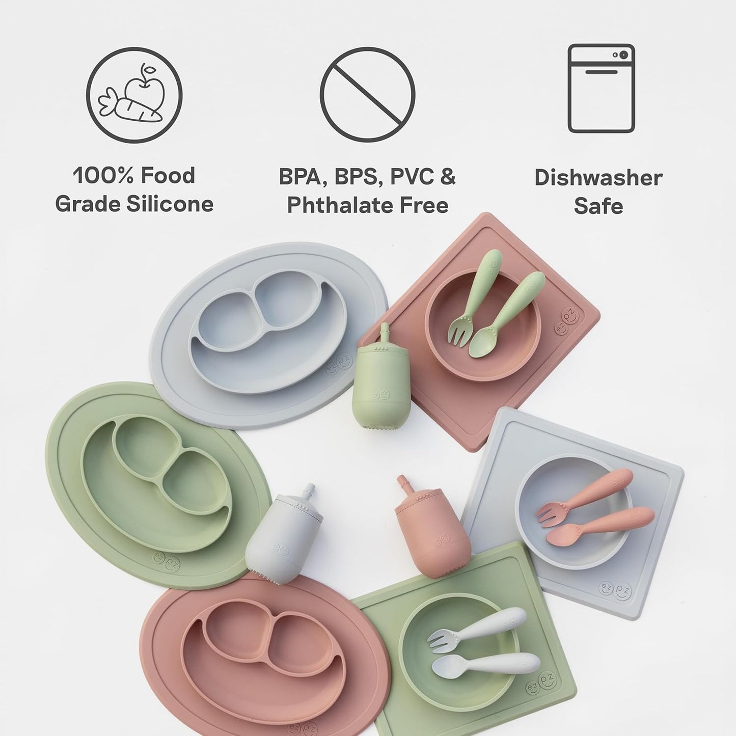 ezpz Mini Bowl (Pewter) - 12 Months+ - 100% Silicone Suction Placemat + Bowl for Toddlers - Comes with a Reusable Travel Bag