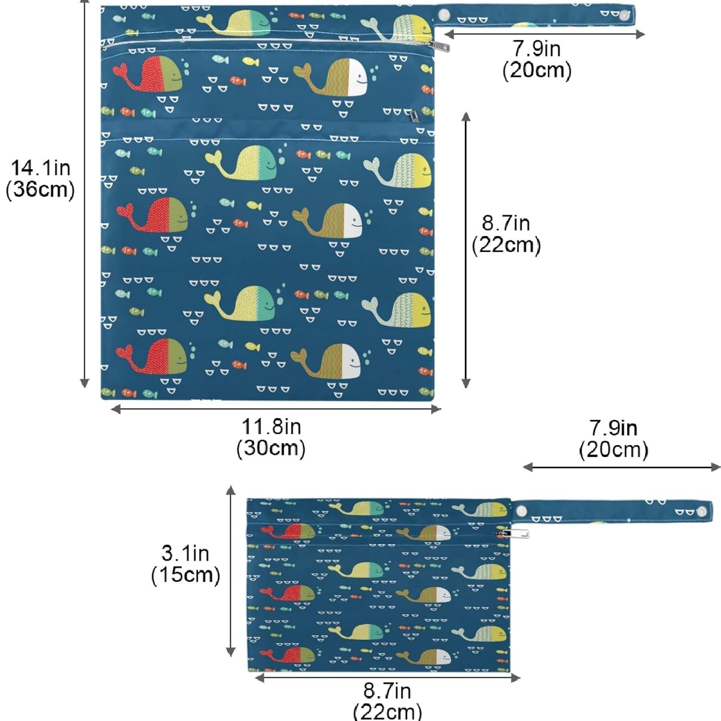 visesunny Kids Doodle Style Funny Whales And Colorful Fish 2Pcs Wet Bag with Zippered Pockets Washable Reusable Roomy for Travel,Beach,Pool,Daycare,Stroller,Diapers,Dirty Gym Clothes, Wet Swimsuits, T