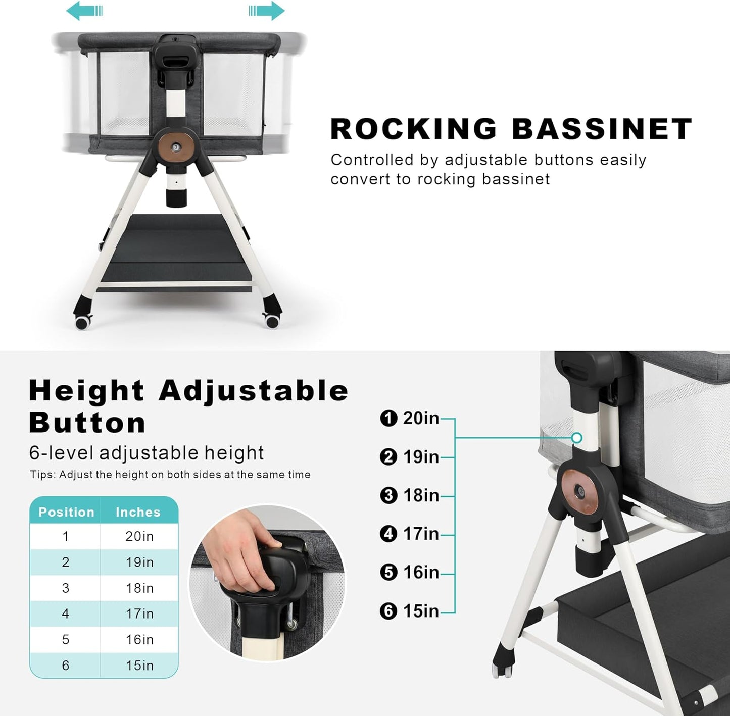 VOOI Baby Bassinet Bedside Sleeper, 3 in 1 Rocking Bassinet for Baby, Bassinet Bedside Sleeper with Wheels, Adjustable Height, Storage Basket, Mattress & Canopy, Bed Side Bassinet for Newborn