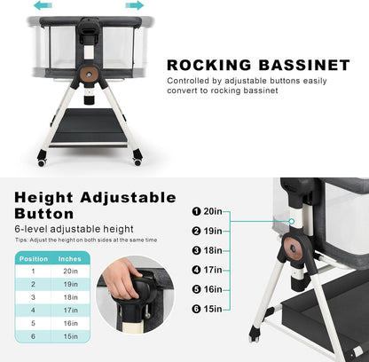 VOOI Baby Bassinet Bedside Sleeper, 3 in 1 Rocking Bassinet for Baby, Bassinet Bedside Sleeper with Wheels, Adjustable Height, Storage Basket, Mattress & Canopy, Bed Side Bassinet for Newborn