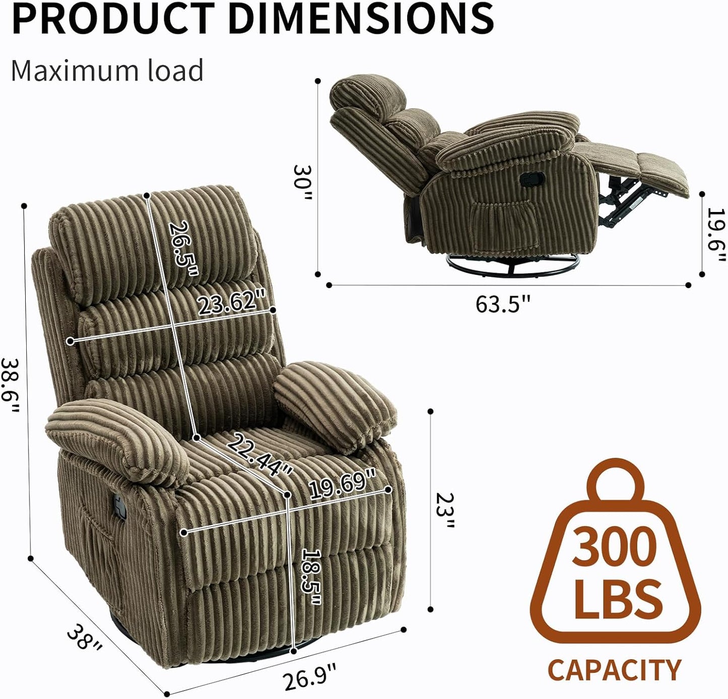 Adult 360° Rocking Recliner Chair，Nursery Rocker Reclining Chair with Side Pocket, a Comfy upholstered Single Sofa Armchair. Suitable for Living Room, Bedroom Nursing use, Velvet Fabric in Beige
