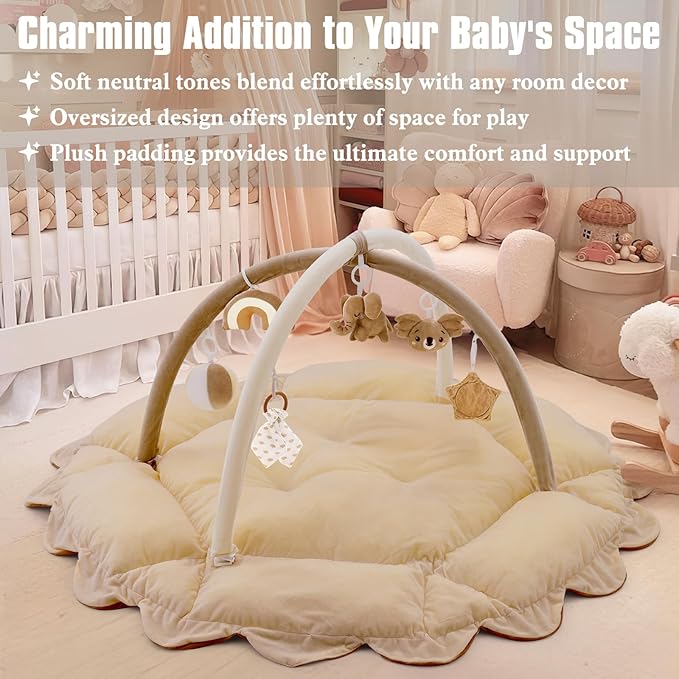 5-in-1 Plush Baby Play Gym, Activity Mat with Convertible Gym, Baby Gym 6 Sensory Toys, Play Center for Newborn to Toddler, Brown