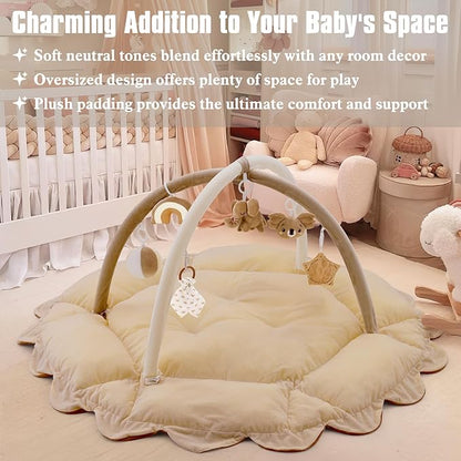 5-in-1 Plush Baby Play Gym, Activity Mat with Convertible Gym, Baby Gym 6 Sensory Toys, Play Center for Newborn to Toddler, Brown