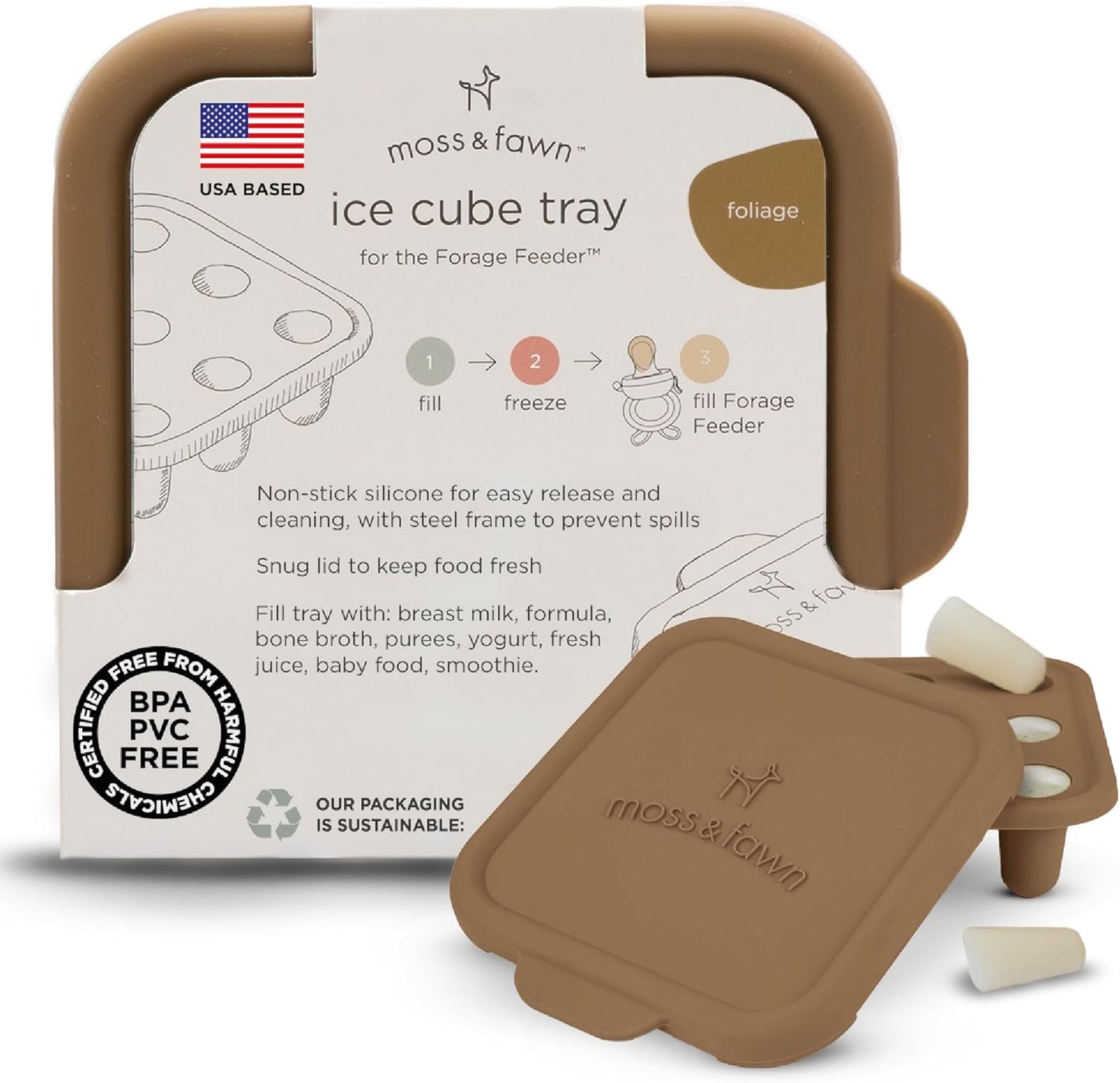Moss and Fawn Ice Cube Tray - Forage Feeder Freezer & Teething Popsicle Mold for Breast Milk, Formula, Bone Broth, Purees, & Baby Food - BPA, Lead, & PVC-Free - Fern