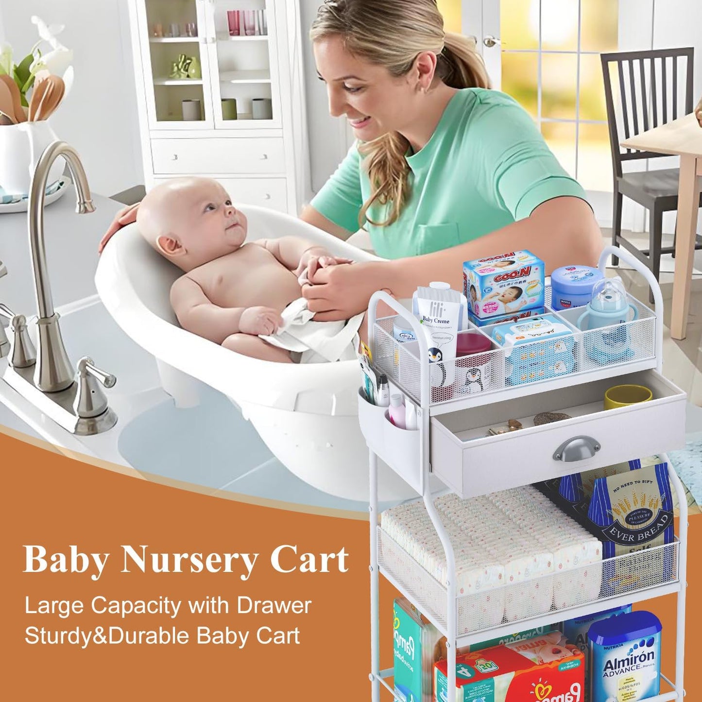 3-Tier Baby Diaper Caddy Cart Organizer,Mobile Nursery Storage Carts with Wheels,With 2 Dividers&14 Mesh Pockets Durable Metal Utility Cart for Nursery, Bedroom, Bathroom, Baby Essentials Organization