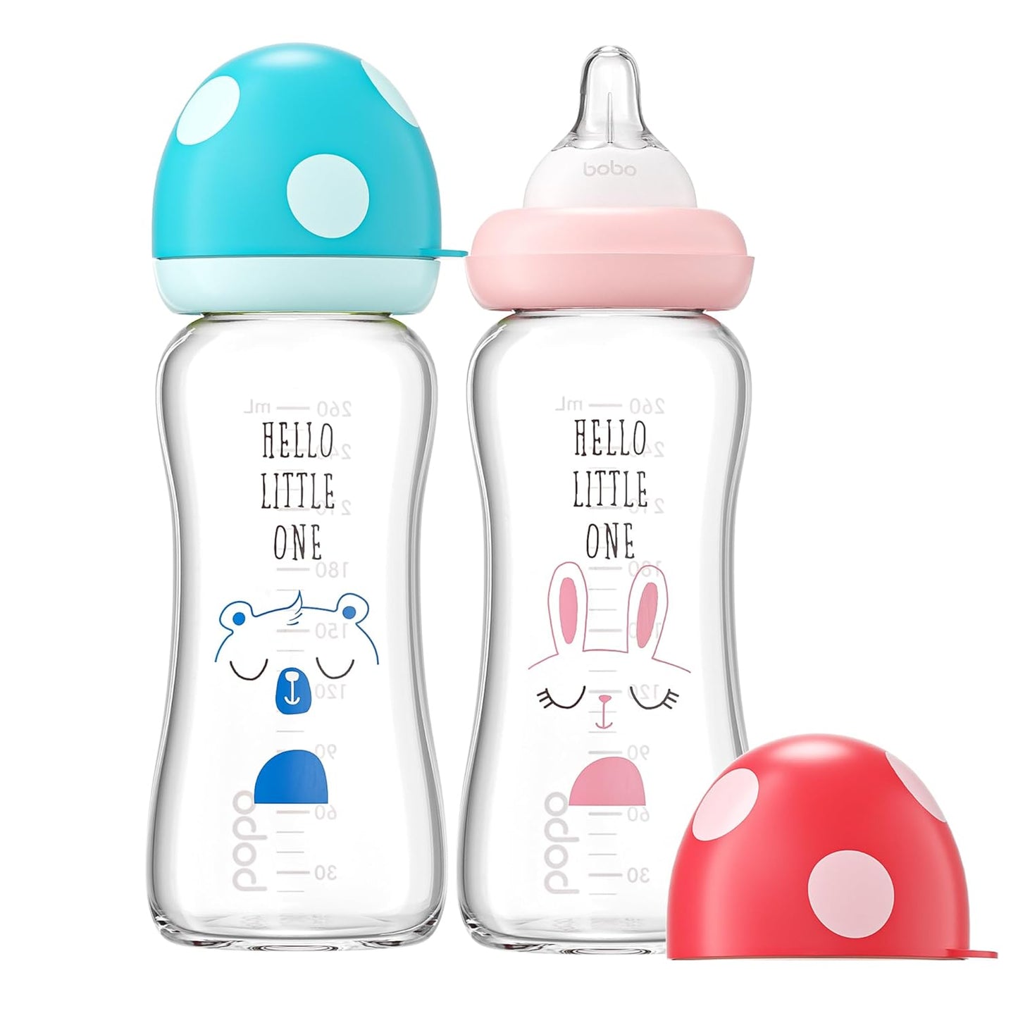 YOHKOH Natural Glass Baby Bottle with Level 1 Slow Flow Nipple, Newborn Anti-Colic Baby Bottles, Wide Neck Mushroom Baby Glass Bottle (Multicolour-A, 3.4oz (Pack of 4))