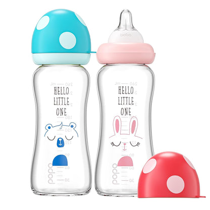 YOHKOH Natural Glass Baby Bottle with Level 1 Slow Flow Nipple, Newborn Anti-Colic Baby Bottles, Wide Neck Mushroom Baby Glass Bottle (Multicolour-A, 3.4oz (Pack of 4))
