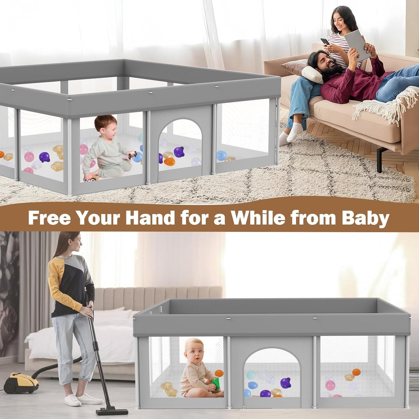 Foldable Baby Playpen 50"×50", Playard for Babies and Toddlers, Portable Safety Baby Fence Lightweight,No Installation, Indoor & Outdoor Playpen with Ocean Balls*50, Grey