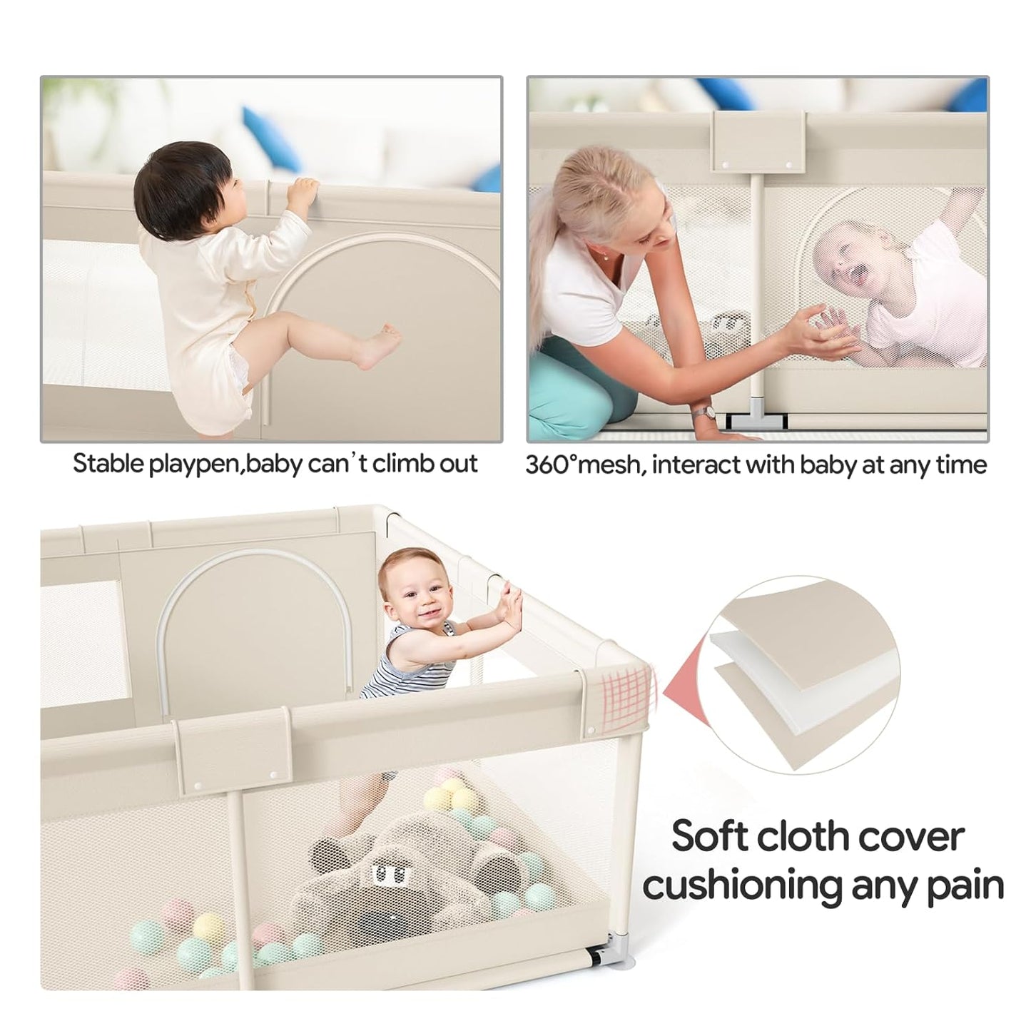 Fodoss Baby Playpen 50×50in, Small Play Pen for Babies and Toddlers, Playpen for Apartment, Play Yard, Activity Fence, Baby Playard with All-Side Mesh, Pull Rings