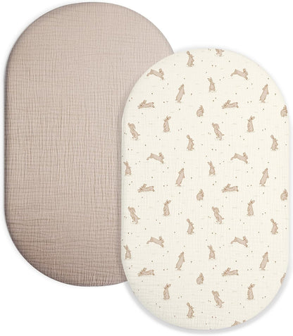 Muslin Bedside Bassinet Sheets 2 Pack, 33x20 Fitted Ultra Soft & Breathable Bedside Sleeper Sheets, Ideal for Baby Girl and Boy, Perfect for Newborns (Hopping Bunnies & Beige)