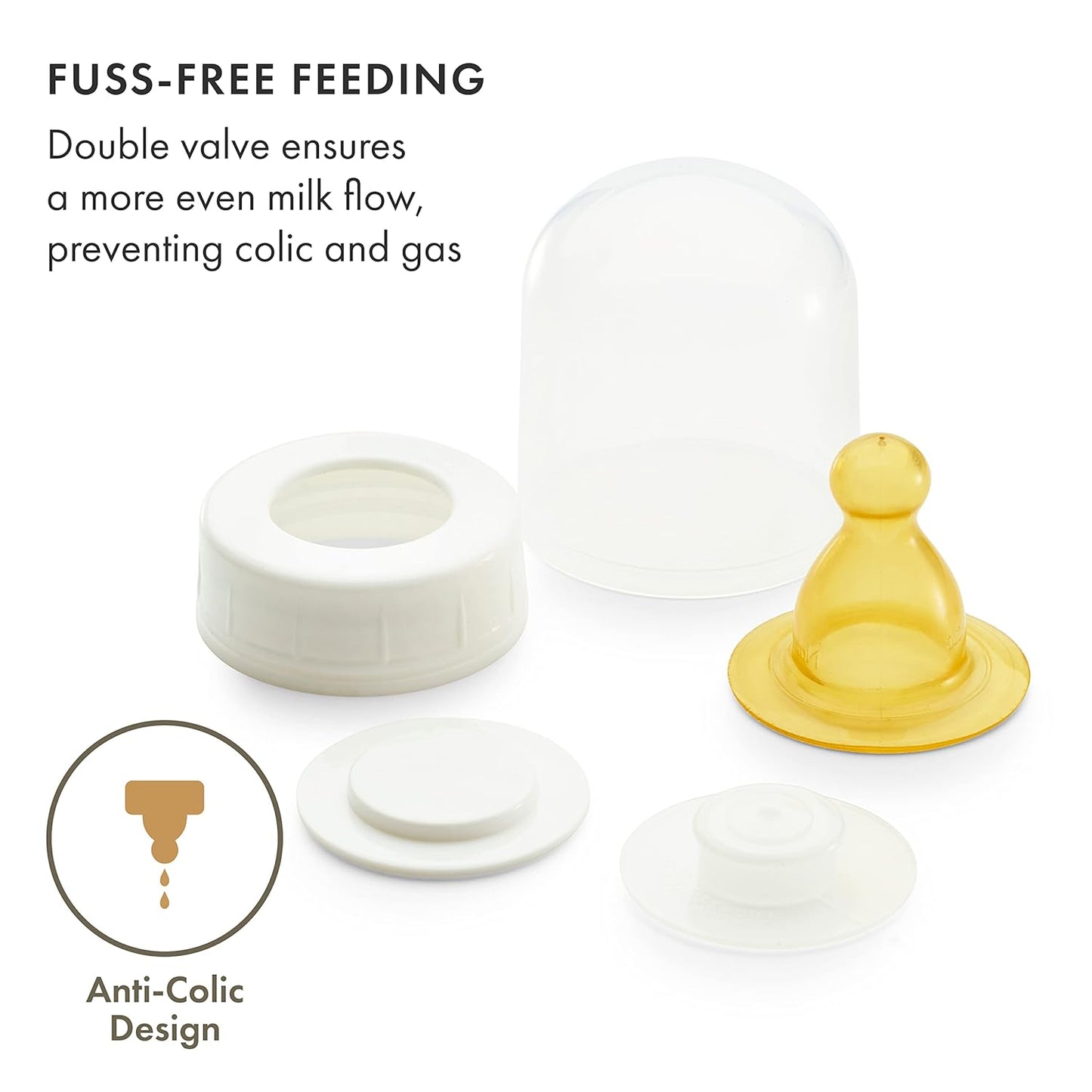 Natursutten Anti-Colic Glass Baby Bottle 2-Pack - 4 Ounce Bottles for Breastfeeding Babies - Newborn Bottles Set: Natural Rubber Slow-Flow Bottle Nipples, Seals, Valves, Baby Bottle Caps