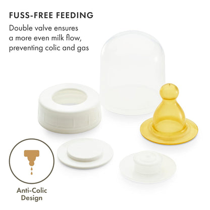 Natursutten Anti-Colic Glass Baby Bottle 2-Pack - 4 Ounce Bottles for Breastfeeding Babies - Newborn Bottles Set: Natural Rubber Slow-Flow Bottle Nipples, Seals, Valves, Baby Bottle Caps