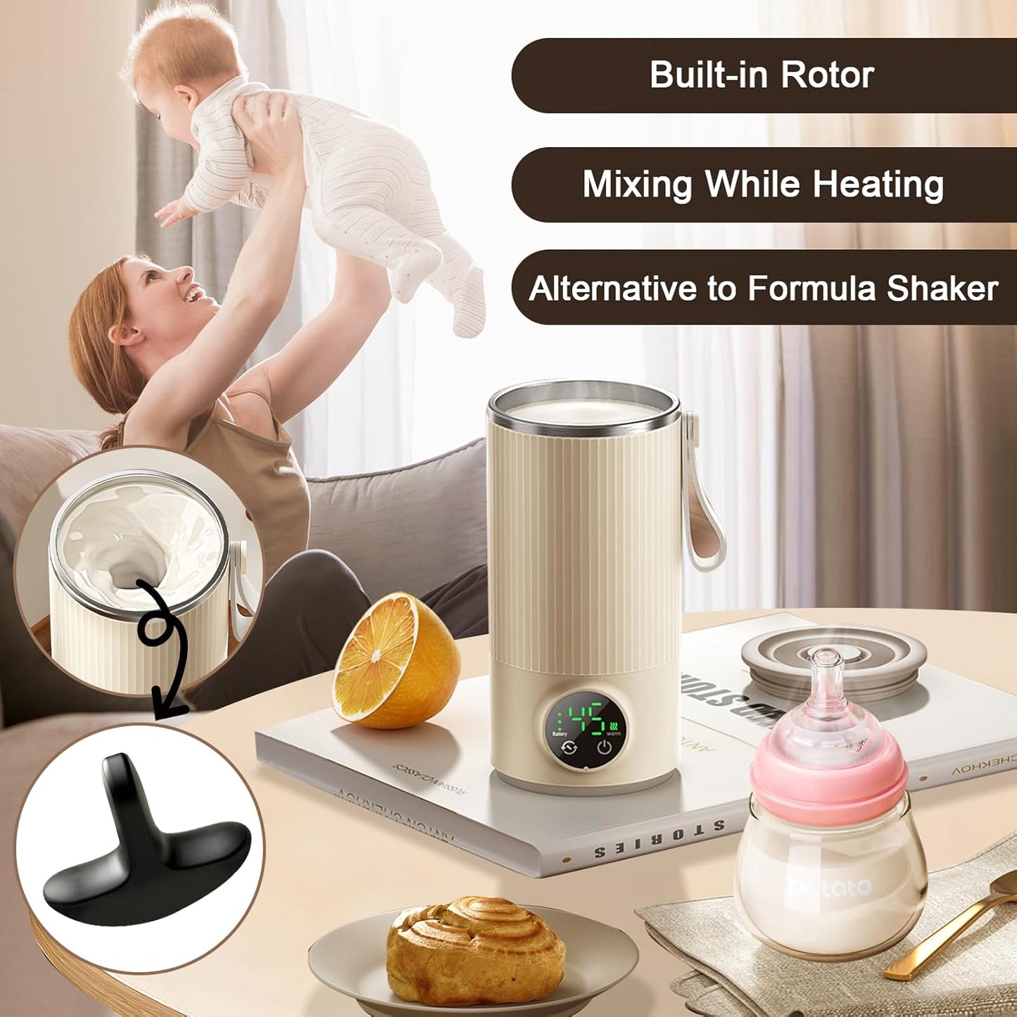 Portable Bottle Warmer & Mixer, Even Heating Formula to Keep Nutrient,Baby Bottle Warmer for Breastmilk & Formula,Defrost,Leakproof,Accurate Temp Control,Keep Warm