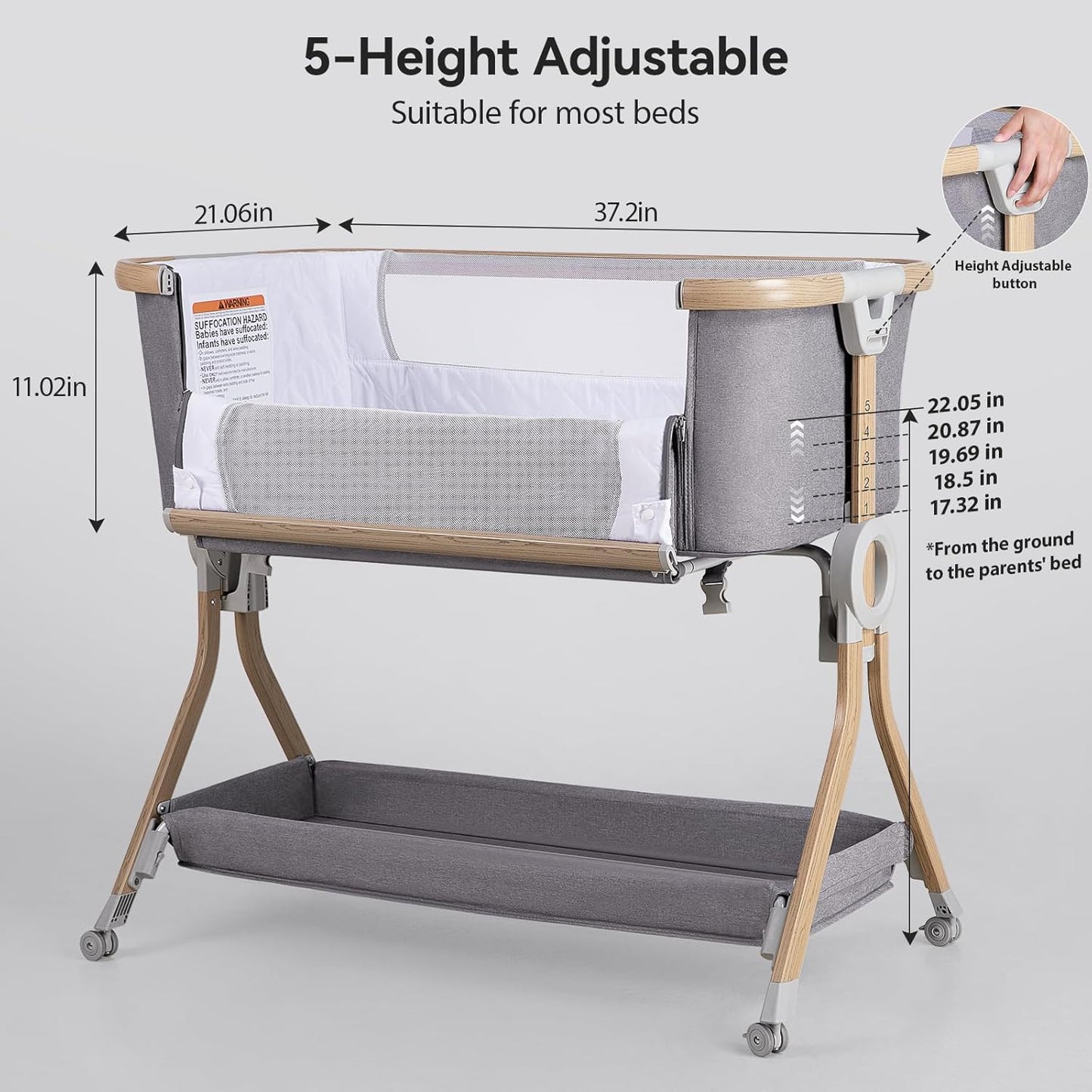 Larex Baby Bassinet Bedside Sleeper Crib Co Sleeper for Newborn Infant Toddler with Mosquito Net, Storage Bag & Basket, 5-Height Adjustable, Movable Wheels, Breathable Mattress & Mesh (Dark Gray)