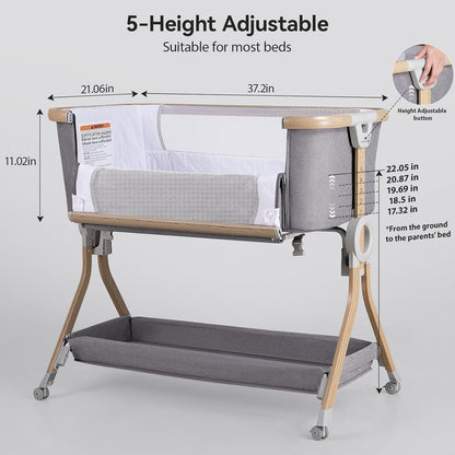 Larex Baby Bassinet Bedside Sleeper Crib Co Sleeper for Newborn Infant Toddler with Mosquito Net, Storage Bag & Basket, 5-Height Adjustable, Movable Wheels, Breathable Mattress & Mesh (Dark Gray)