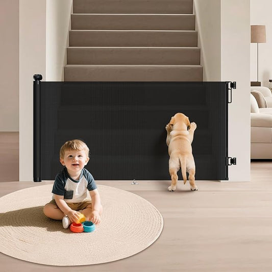 Retractable Baby Gate for Stairs - 34" Tall Extends to 55" Wide Mesh Baby Gate with Anti-Crawling Hook, Adjustable Baseboard Bracket, Pet Gate for Doorways, Hallways, Indoor & Outdoor, Black