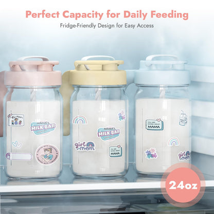 Papablic Breast Milk Pitcher, Glass Formula Mixer with Easy-Blend Handle Lid, Leakproof Breastmilk Fridge Storage Container, Wide Mouth, BPA-Free, Baby Feeding Pitcher, Blue