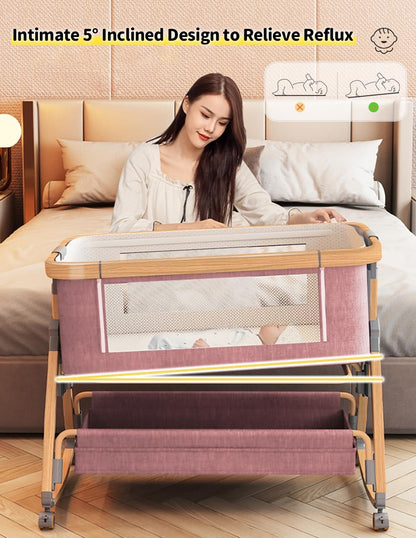 Baby Bassinet, Bedside Bassinet for Baby, 4 in 1 Portable Bassinet Bedside Sleeper with Wheels Mosquito Net & Storage Basket, 6 Height Adjustable Rocking Bassinet for Newborn Baby