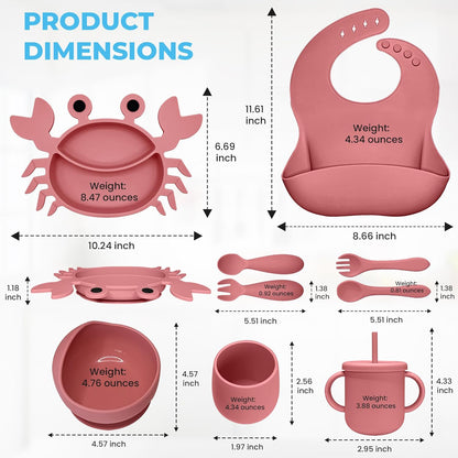Silicone Baby Feeding Set - 9 Pieces - First Stage Solid Food Eating Baby Utensils - 6+ Months - Crab Shape